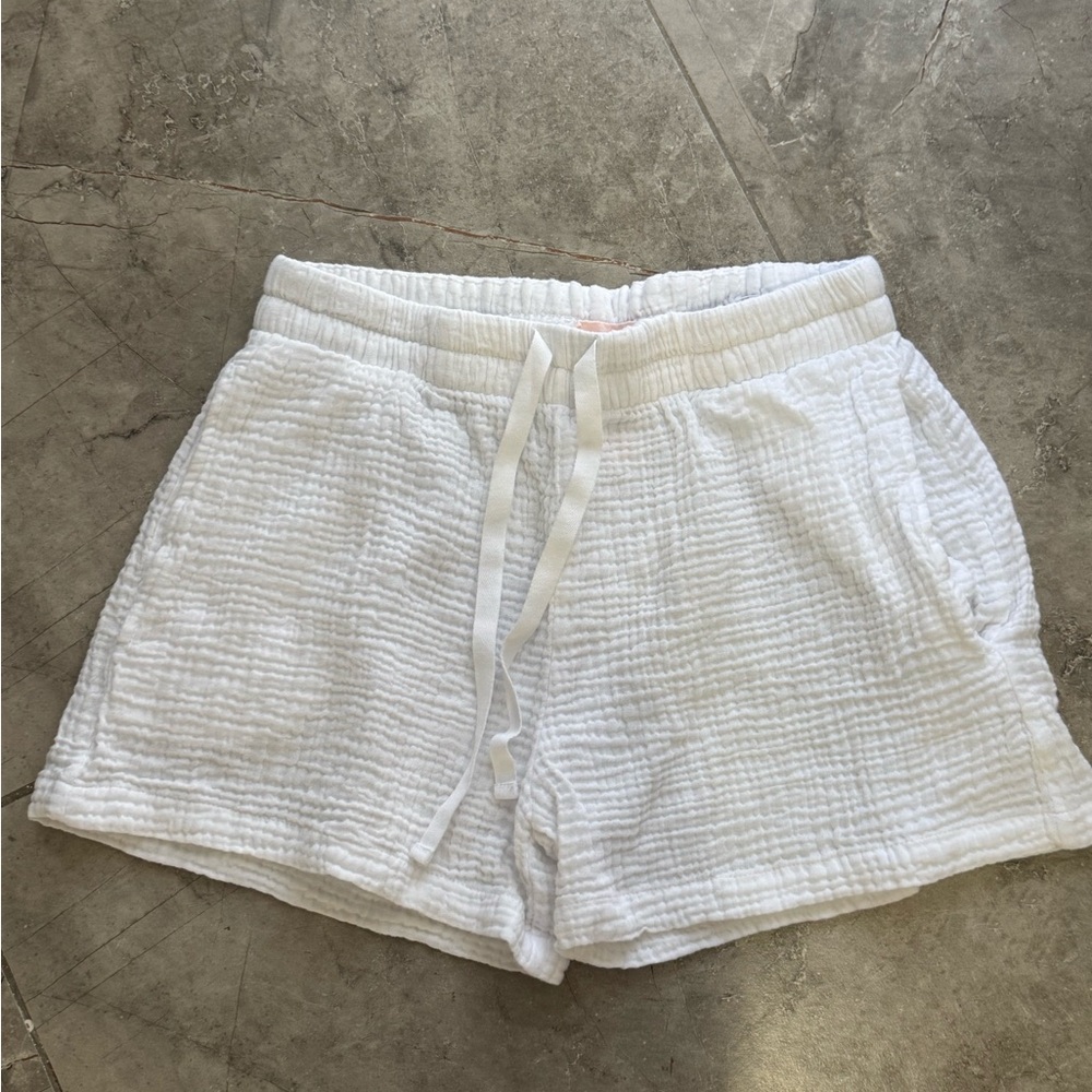White Textured Drawstring Athletic Shorts for Women